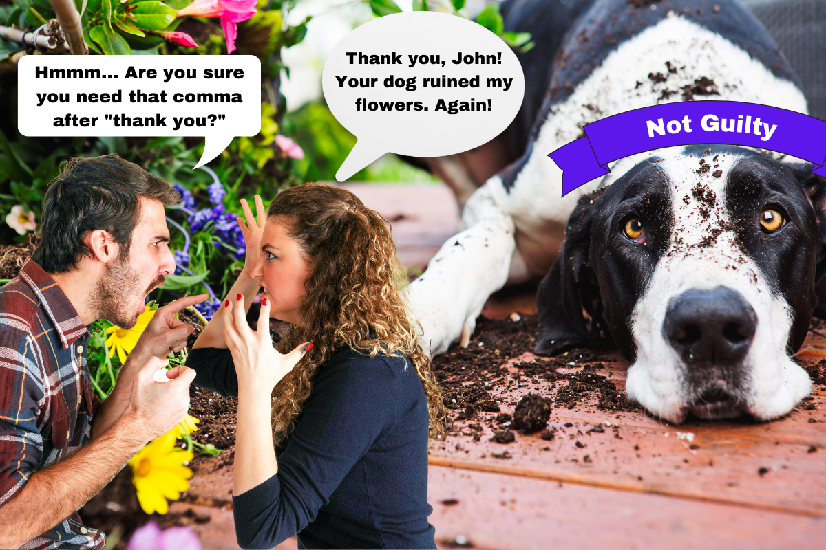 Man and woman arguing on a background of a dog covered in soil and destroyed flowers