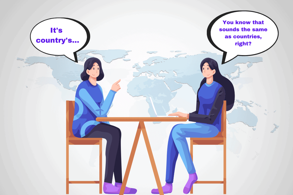 A 2d graphic of two women discussing the possessive form of country: country's or countries'?