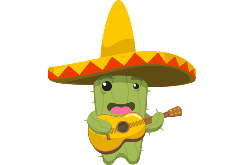 Cartoon cactus in a sombrero playing the guitar