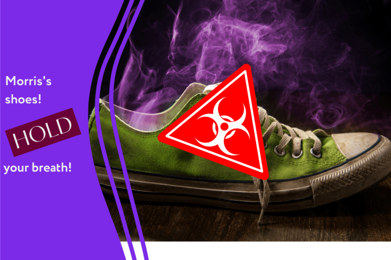 Shoes with a purple haze coming out of them and a biohazard sign.