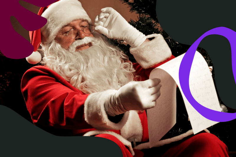 Possessive Form of Nicholas: Santa Claus reading a long letter