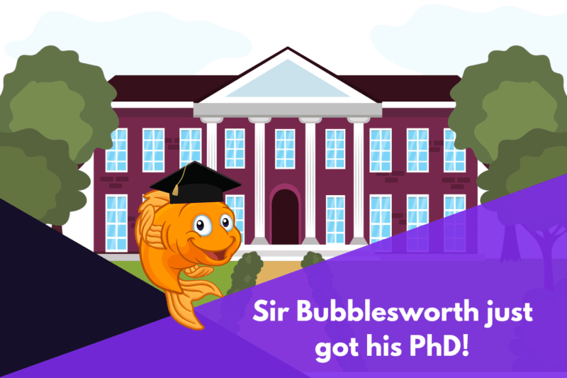 A cartoon goldfish with a graduation cap in front of a university.
