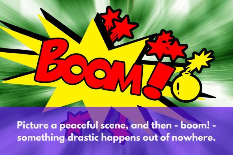 Comma after suddenly: A comic-style image of a boom