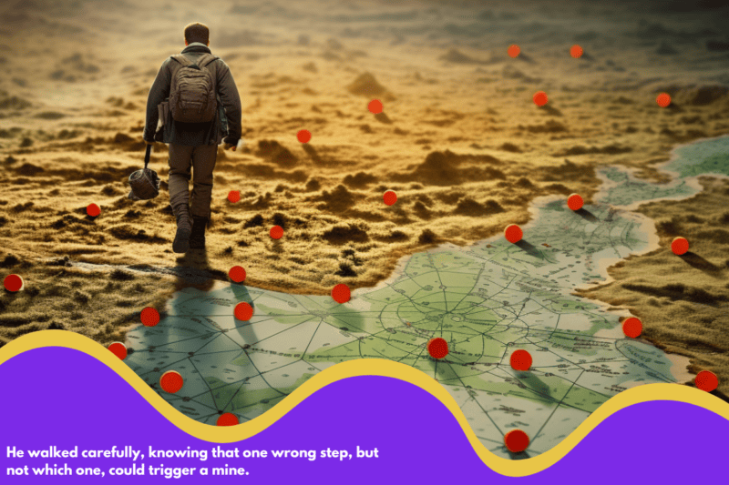 A person walking through a minefield with a map and compass, symbolizing the need for caution to avoid common mistakes in comma usage.