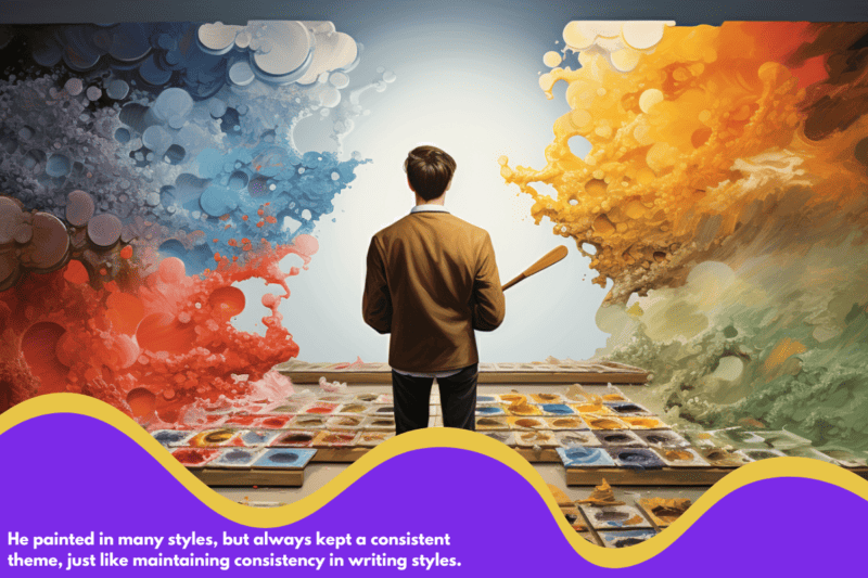 A painter with a palette, switching between different styles of painting on a large canvas, symbolizing the differences in comma usage across different writing styles.