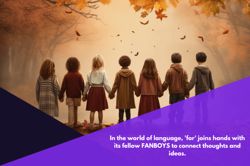 A digital art representation of a group of seven children representing the FANBOYS (For, And, Nor, But, Or, Yet, So), holding hands and symbolizing conjunctions linking parts of a sentence.