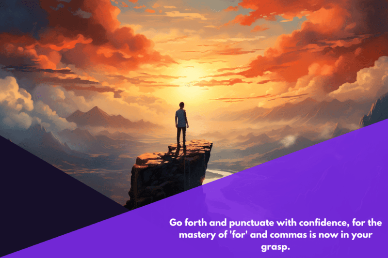 An inspiring illustration of a writer standing on the edge of a cliff, overlooking a beautiful sunrise, indicating the conclusion of the article and instilling confidence in the reader about comma usage with "for".