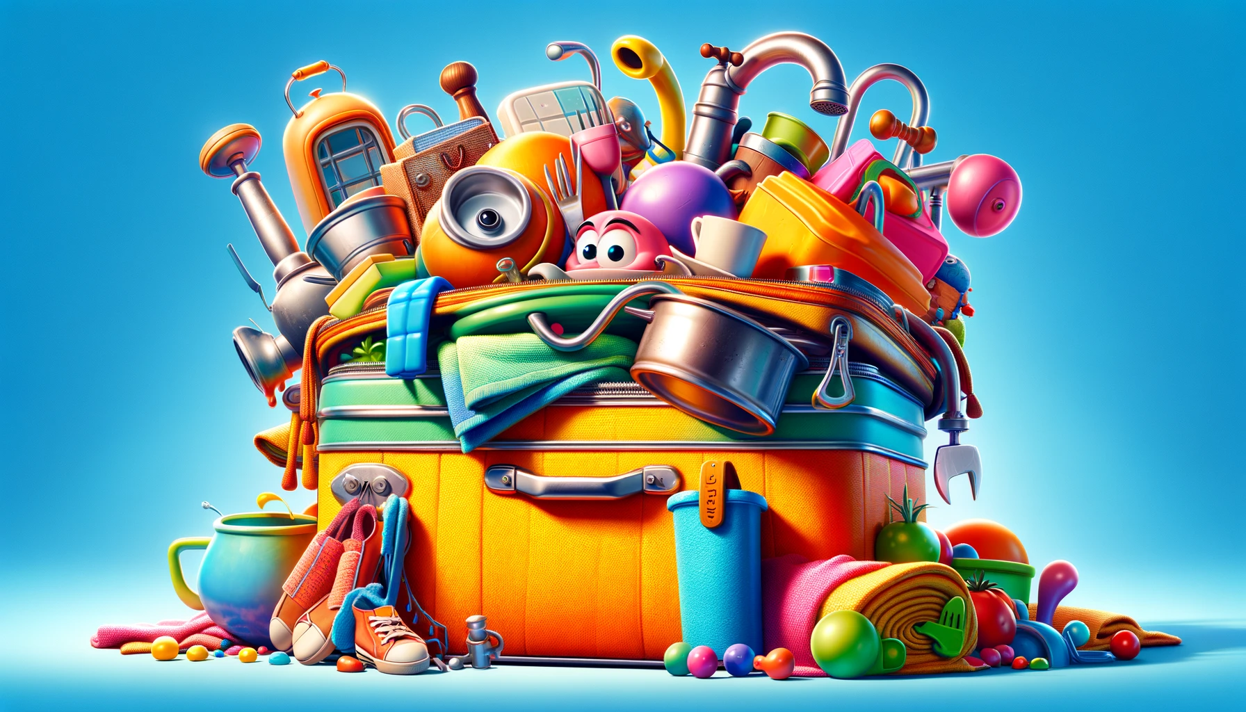 A colorful Pixar-style image of an overflowing suitcase packed with everything but the kitchen sink, including the sink itself, showcasing a whimsical adventure.