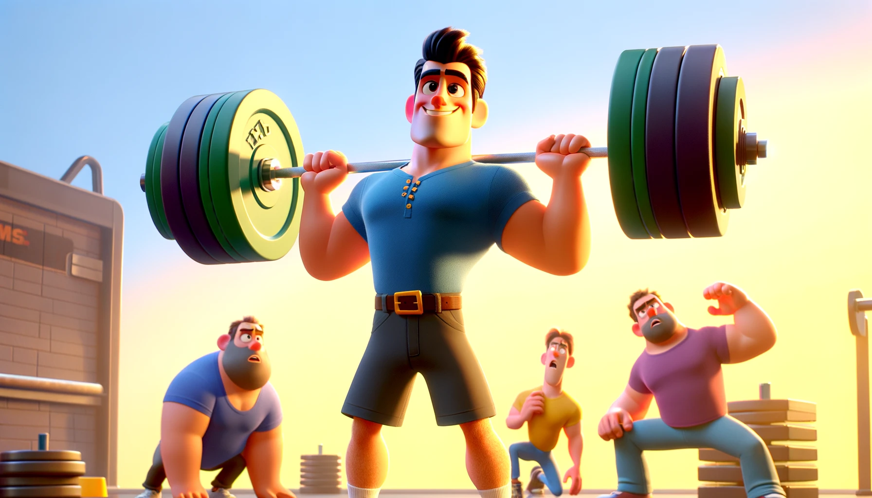 A Pixar-style cartoon scene, in landscape orientation, featuring a central character effortlessly lifting heavy weights with a confident smile. The character's ease and casualness in lifting should epitomize the expression "No Sweat." In the background, other characters struggle to lift similar weights. The overall atmosphere should be fun and bright, using vivid colors to enhance the cartoonish and lively vibe of the scene.