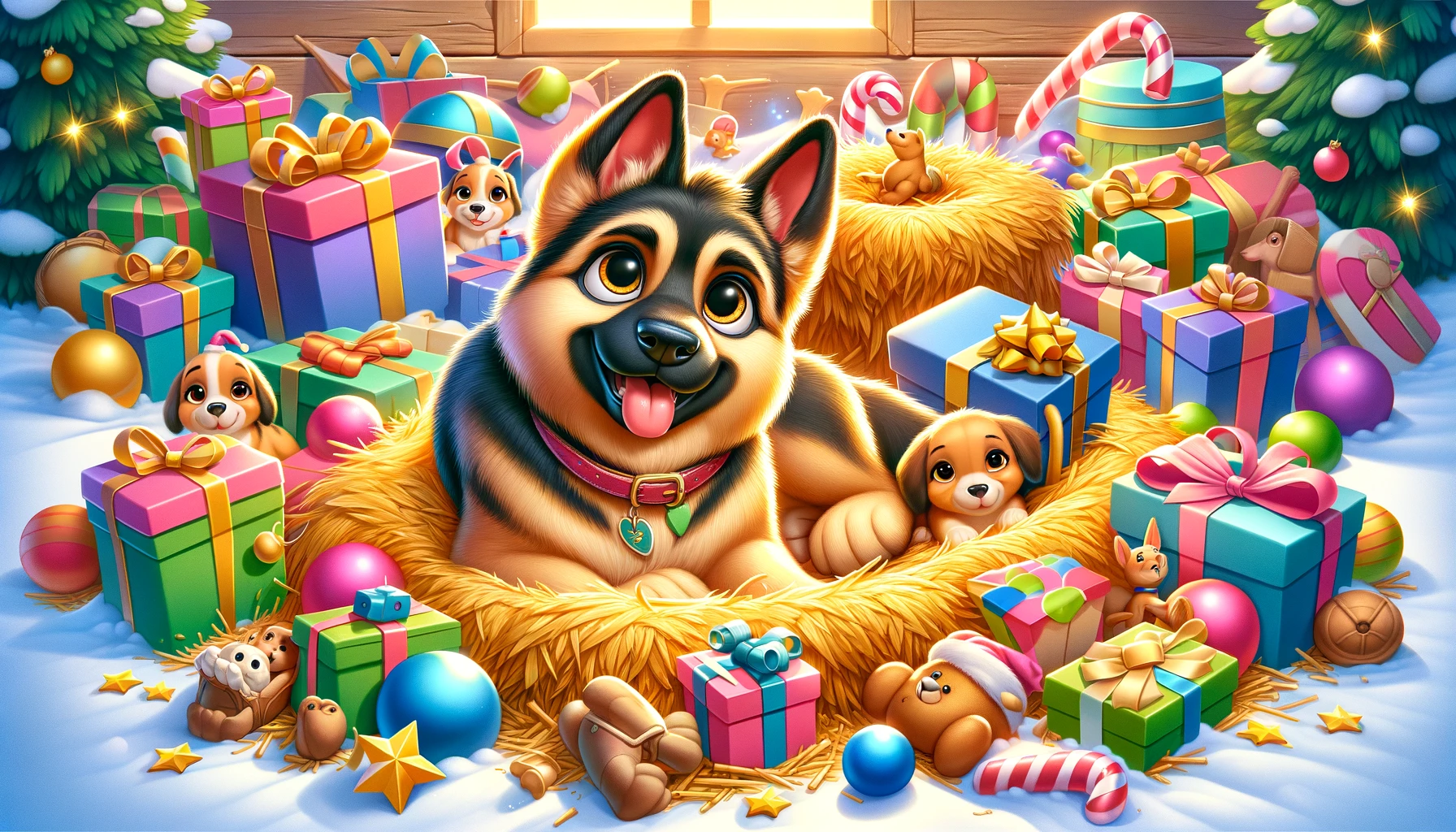 A dog in the manger, a cute German Shepherd surrounded by colorful toys and treats, capturing a cheerful animation scene.