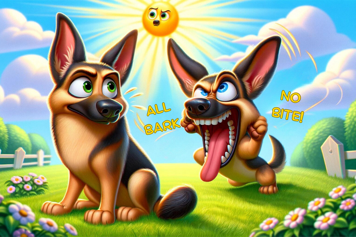 A Pixar-style cartoon of a barking German Shepherd and another rolling his eyes, embodying 'all bark and no bite' in a bright, colorful park.