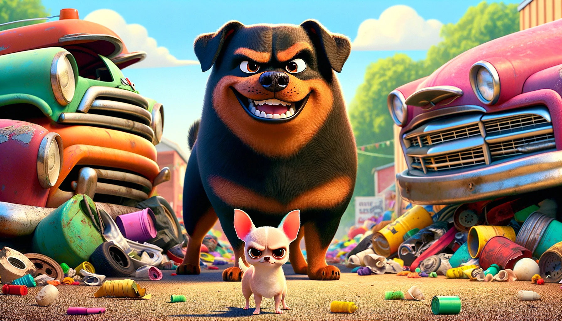 A Pixar-style cartoon of a mean-looking chihuahua guarding a junkyard with a laughing rottweiler in the background, embodying "as mean as a junkyard dog."