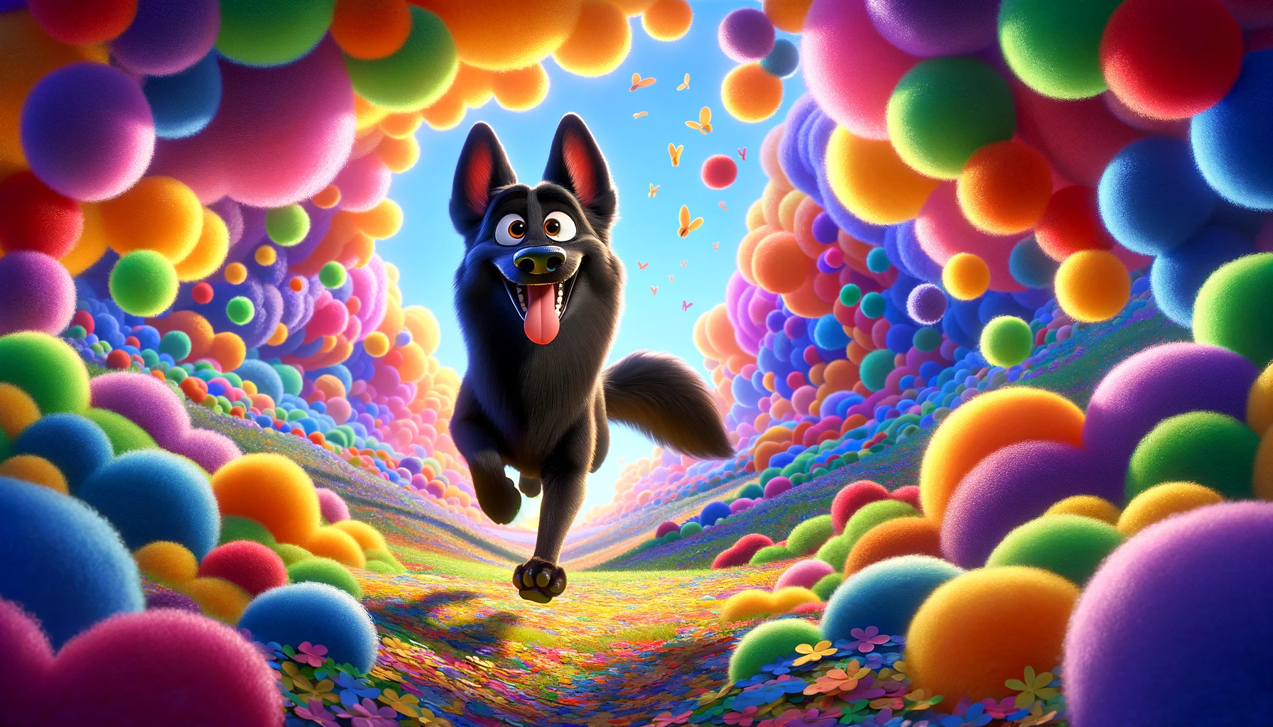 A playful black German Shepherd, surrounded by bright colors, embodying dog idioms of joy and playfulness.
