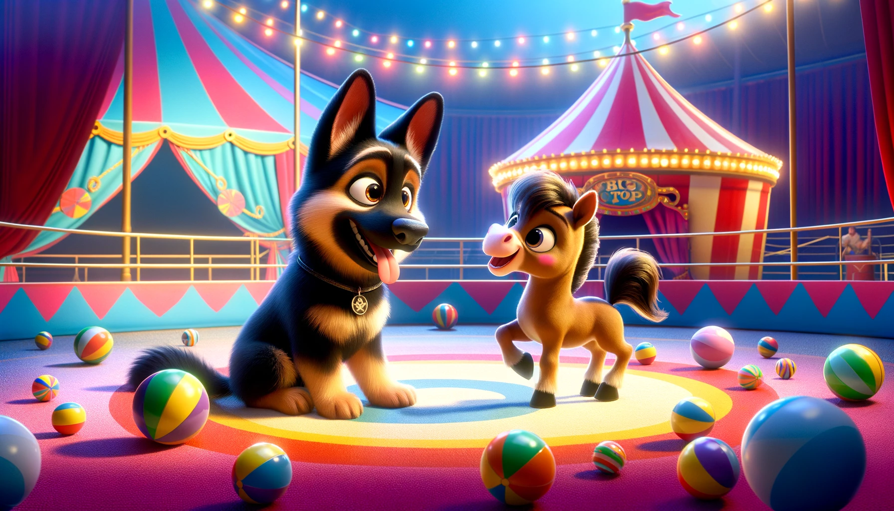 A dog and pony show in a cartoon style, featuring a playful black German Shepherd and a pony in a bright, colorful circus ring.
