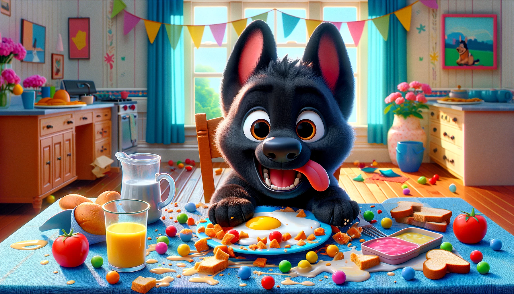 A cute black German Shepherd in a Pixar cartoon enjoys a dog's breakfast, surrounded by bright colors and a cheerful atmosphere.