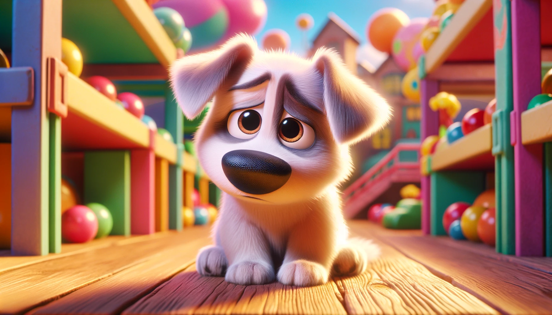 A cute dog with a hangdog air sits amid a vibrant, Pixar-style colorful backdrop, embodying a playful yet sad demeanor.