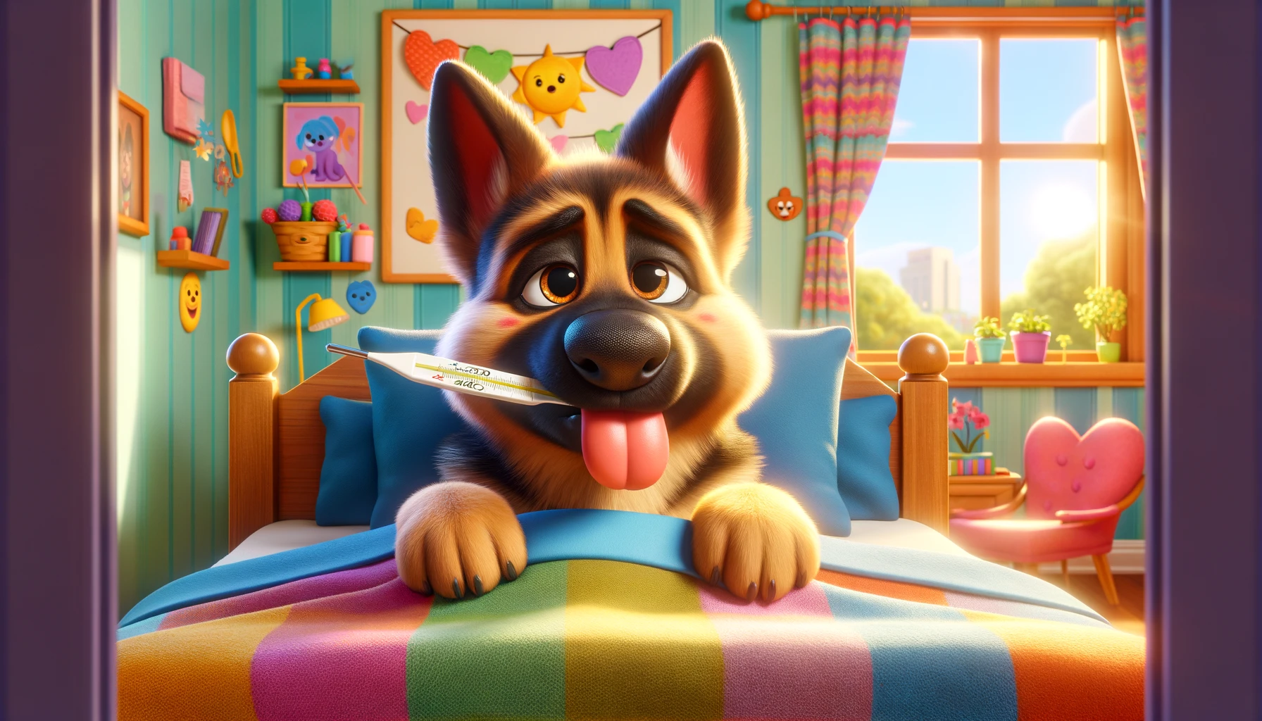 A cute German Shepherd lies in bed 'sick as a dog' with a thermometer in his mouth, surrounded by vibrant, colorful decor.